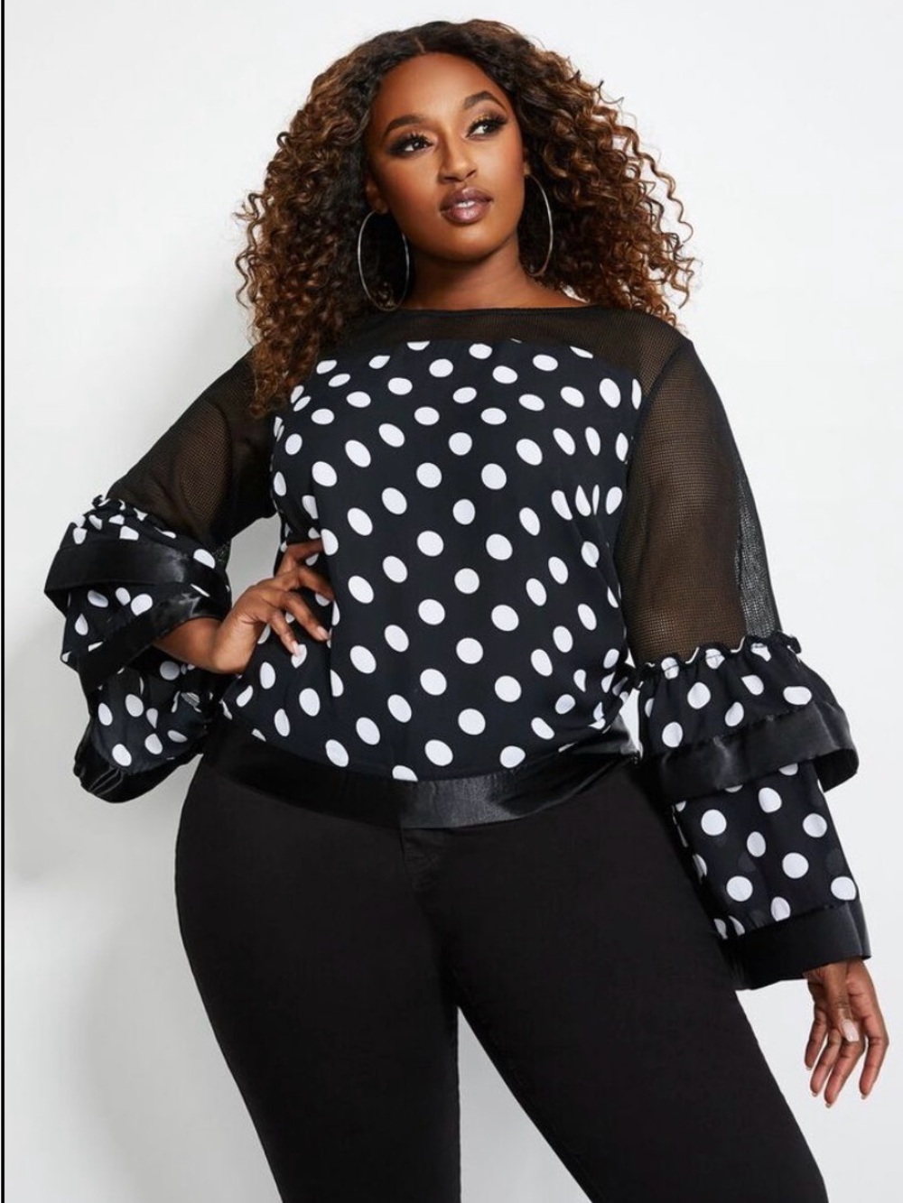 Ashley Stewart Plus Size Polka Dot Ruffle Sleeve Top